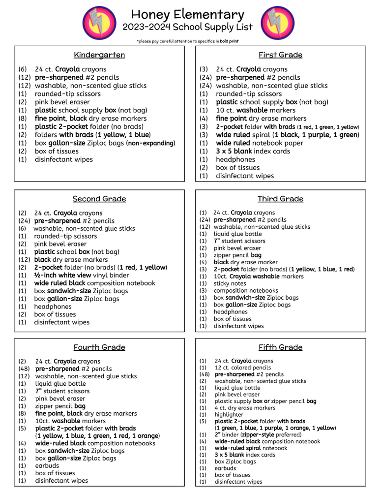 School Supply List Honey Elementary School